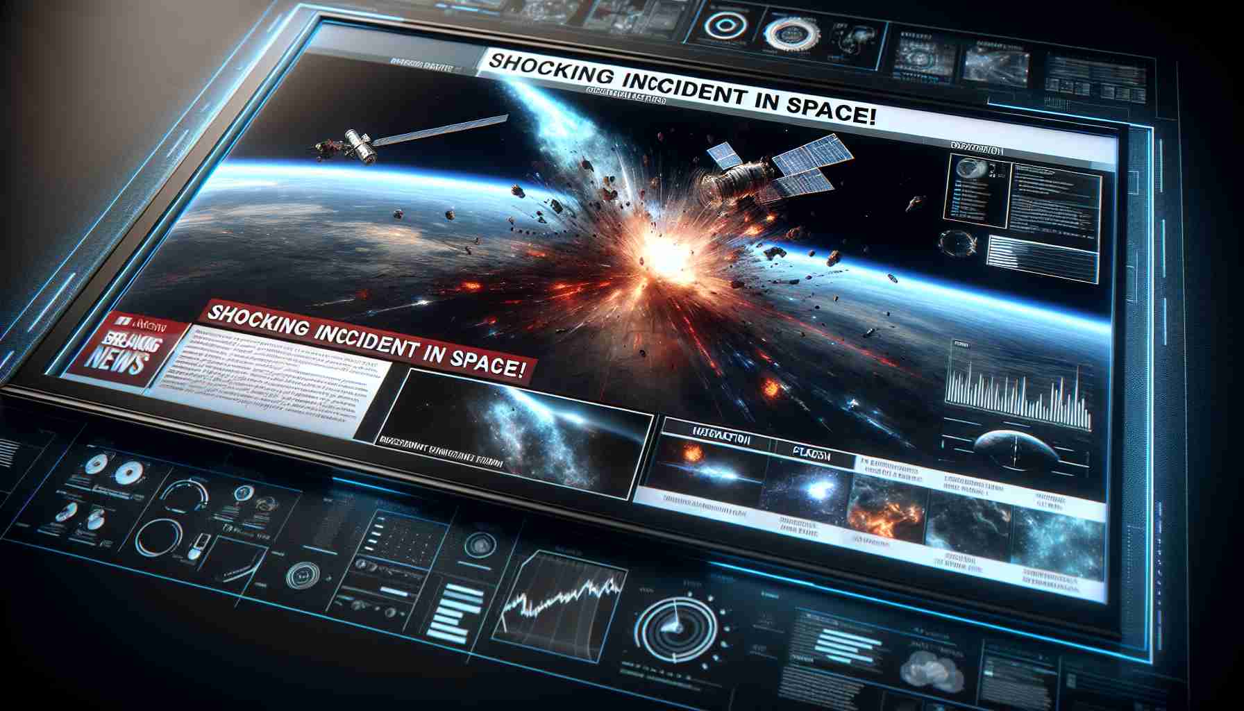 A high-definition, photo-realistic image of a breaking news headline titled 'Shocking Incident in Space!' The image shows a news bulletin on a digital screen, featuring dramatic images of outer space, perhaps a satellite or spacecraft in distress, with an array of technical data and diagrams scattered around. The overall tone conveys urgency and surprise.