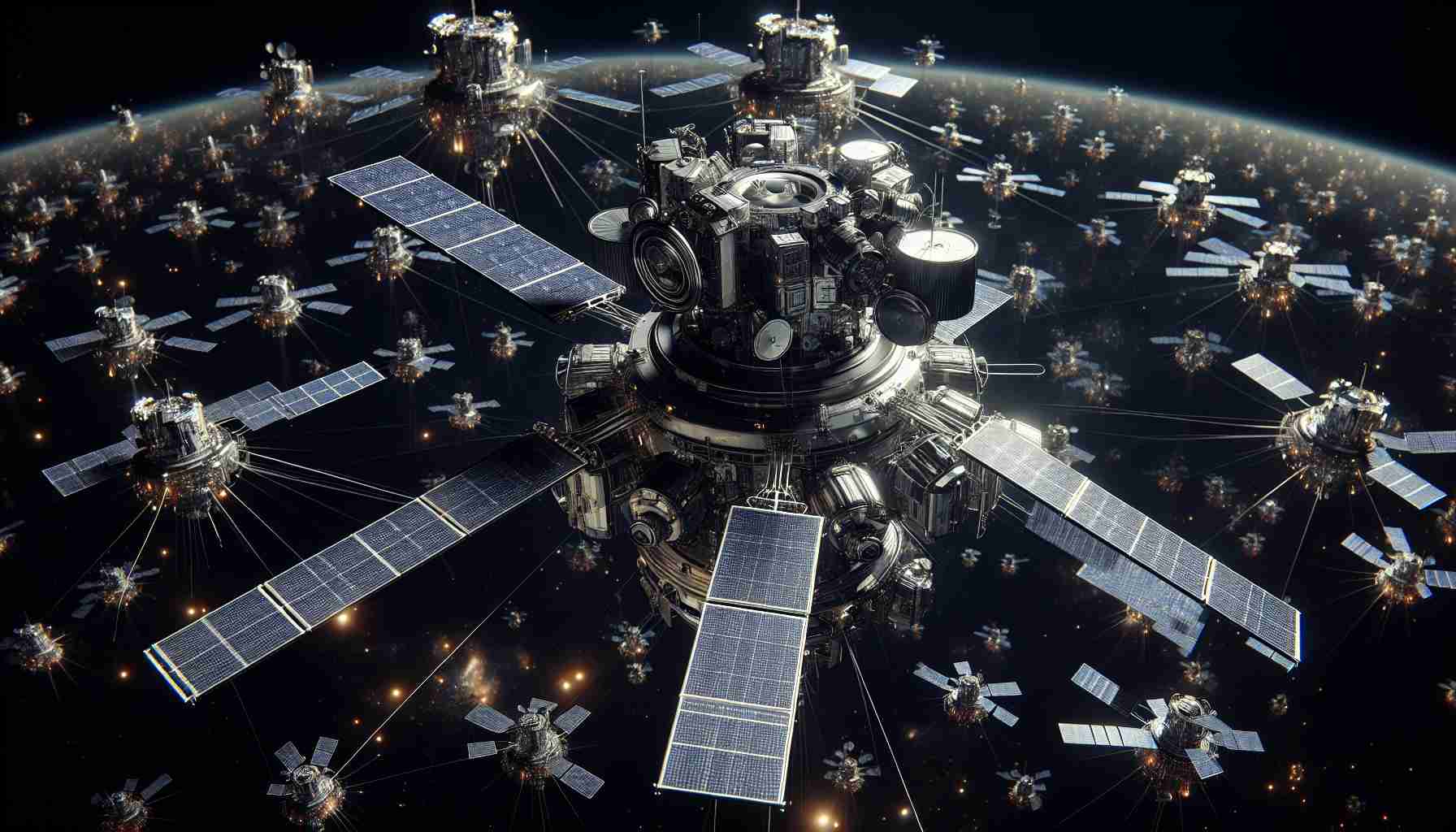 Realistic high-definition image showcasing the advancement in space exploration through innovative satellite networks. The scene includes an assemblage of futuristic satellites in the void of space, each one a showpiece of cutting-edge technology. The satellites utilize various forms of communication technology to create a complex network of interlacing signals. Amidst the ebony backdrop of space, these satellites sparkle like celestial bodies creating a visualization of the interconnectedness essential in space exploration.