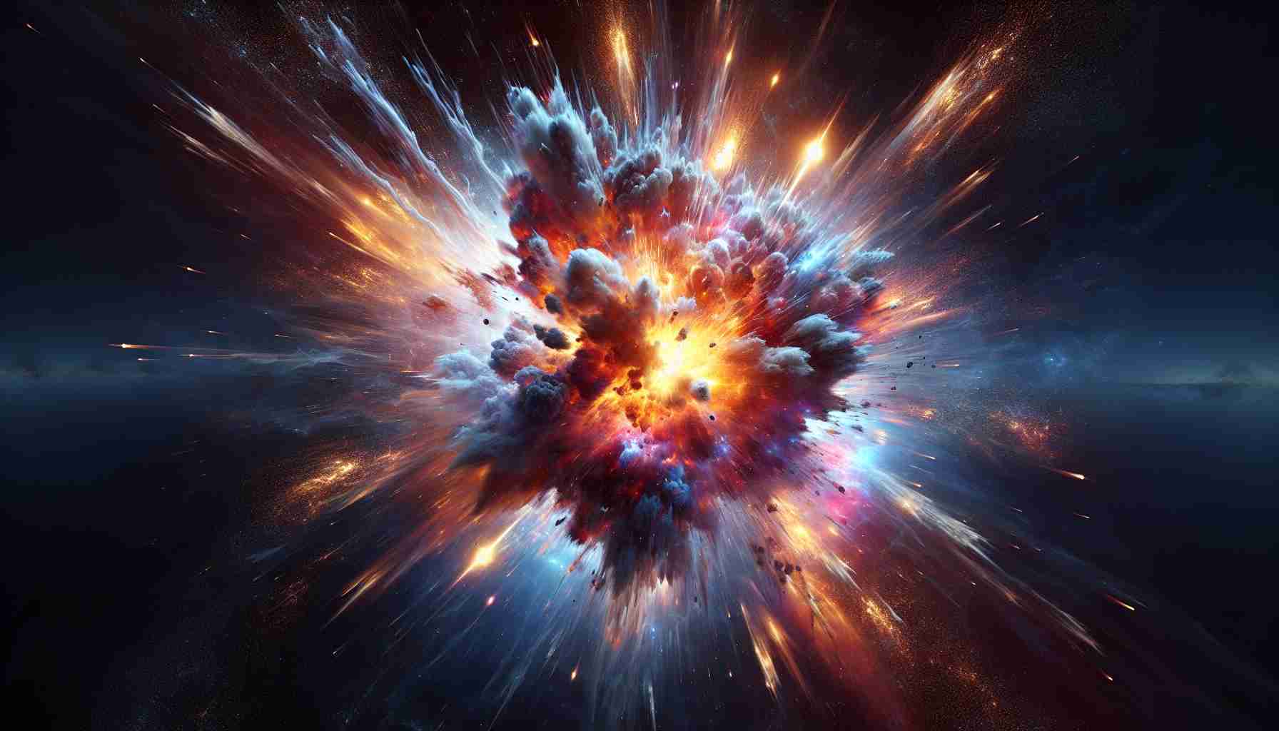 Generate a realistic, high-definition image of an abstruse explosion occurring in the vastness of outer space. This explosion, caught unexpectedly, unveils a surprising incident involving a satellite. It should capture the raw energy and unpredictable nature of cosmic interactions as an unseen event births a mighty tempest of brilliant colors and forceful shockwaves, all spreading outward from the center of the incident.