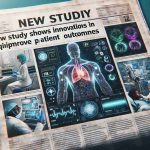 Generate a realistic HD image that conceptualizes a newspaper headline. The headline reads 'New Study Shows Innovations in Medical Equipment Improve Patient Outcomes'. Surrounding the headline, show diverse elements to represent medical innovations like a futuristic stethoscope, an advanced patient-monitoring screen showing positive biometrics data, and a medical robot performing a non-invasive procedure on an African descent patient. Remember to maintain the vibe of a cutting-edge medical environment.