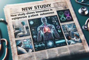 Generate a realistic HD image that conceptualizes a newspaper headline. The headline reads 'New Study Shows Innovations in Medical Equipment Improve Patient Outcomes'. Surrounding the headline, show diverse elements to represent medical innovations like a futuristic stethoscope, an advanced patient-monitoring screen showing positive biometrics data, and a medical robot performing a non-invasive procedure on an African descent patient. Remember to maintain the vibe of a cutting-edge medical environment.