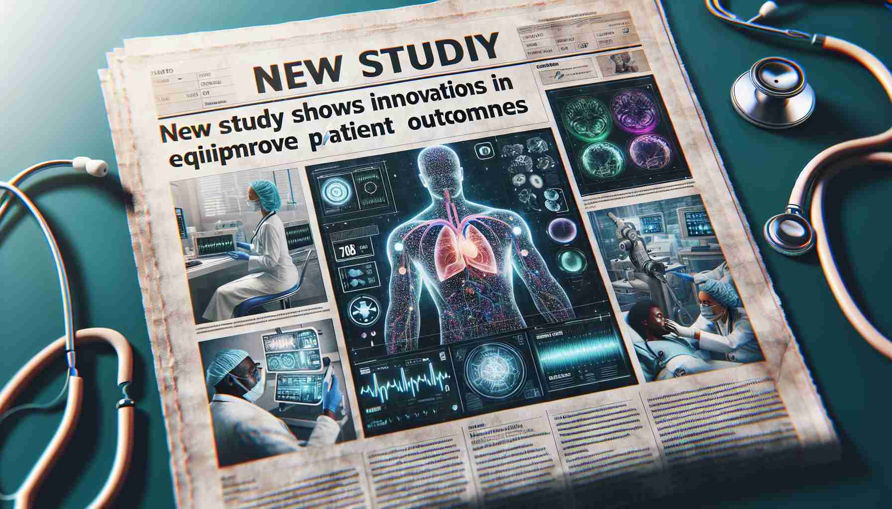 Generate a realistic HD image that conceptualizes a newspaper headline. The headline reads 'New Study Shows Innovations in Medical Equipment Improve Patient Outcomes'. Surrounding the headline, show diverse elements to represent medical innovations like a futuristic stethoscope, an advanced patient-monitoring screen showing positive biometrics data, and a medical robot performing a non-invasive procedure on an African descent patient. Remember to maintain the vibe of a cutting-edge medical environment.