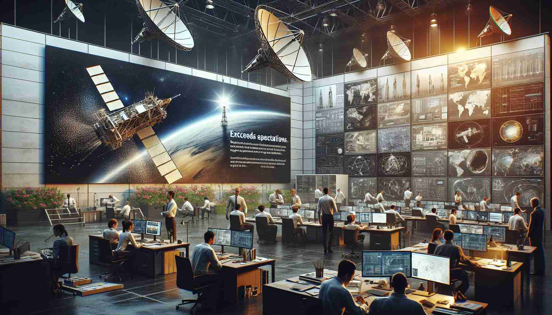 Create a high-definition, realistic digital scene depicting a revolutionary satellite communications company that is surpassing expectations. The scene could feature a bustling office space with employees of various descents and genders collaborating on complex engineering designs. Walls adorned with photos of successful satellite launches, a large screen projecting global coverage maps, and cutting-edge technology spread across the space, suggesting the company's rapid advancement in the field. The exterior of the building ensconced by modern satellite dishes, with a bright signage reading 'Exceeds Expectations.'