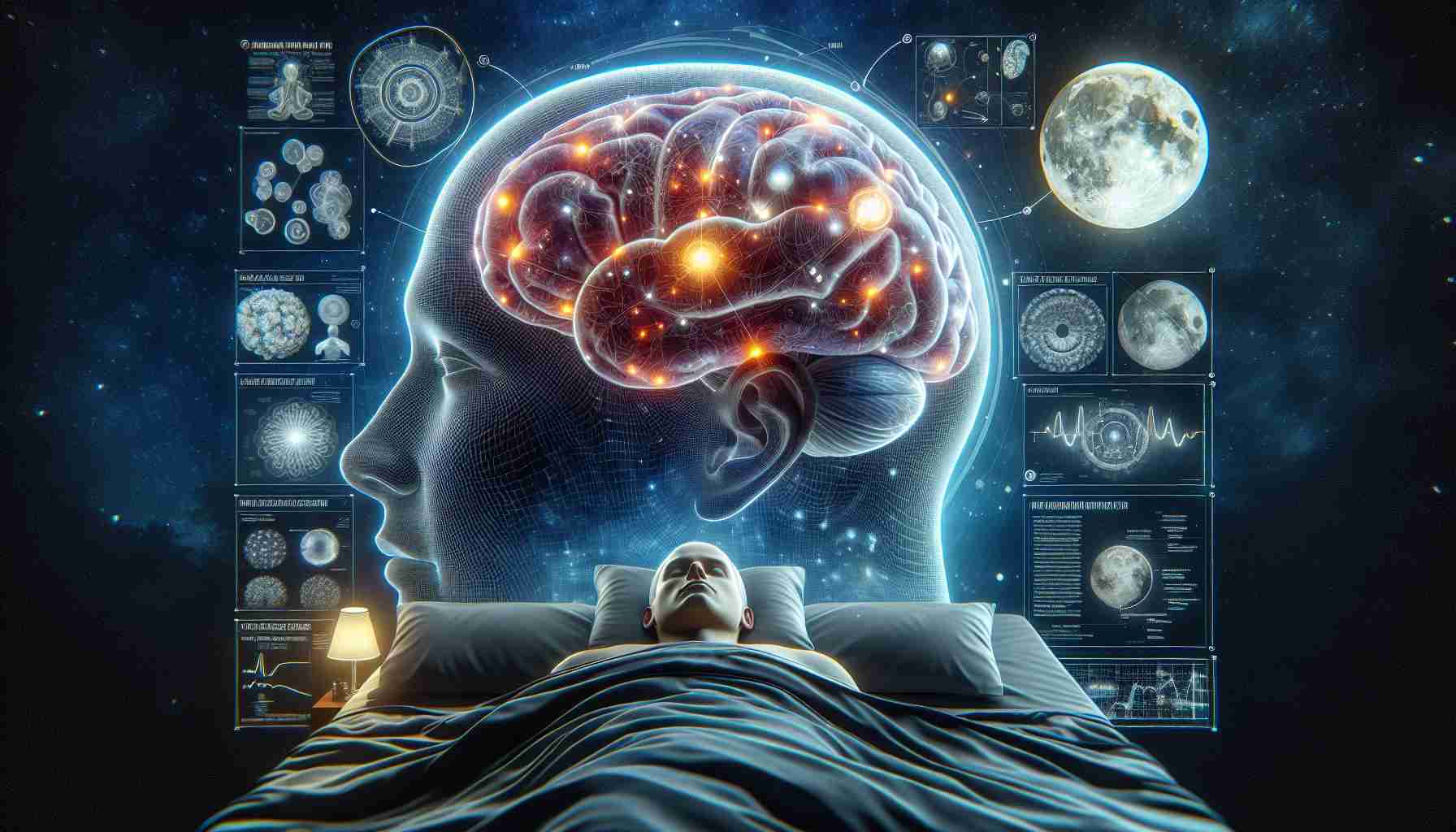 A high-definition, realistic image representing a new groundbreaking study changing our understanding of sleep. The image features a detailed 3D model of the human brain, highlighted areas indicating sleep activity, surrounded by floating scientific diagrams and reports detailing key findings. The adjacent visual elements represent crucial elements of sleep: a serene night sky, a comfortable bed, and the moon's phases, symbolizing different stages of sleep. The title 'This Incredible New Study Will Change Everything You Know About Sleep' emblazoned at the top in bold, impactful text.