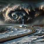 Generate a highly detailed, realistic photo capturing a tropical storm ominously advancing towards Cape Canaveral. The particular attention is on the dark, swirling storm clouds gathering in the sky, the winds picking up pace, and the sea churning into restless waves. The landscape features the identifiable unique structures of a spaceport in the distance, poised for an imminent SpaceX launch. The rocket stands tall and solitary, juxtaposed against the dynamic, turbulent backdrop of Nature's fury.