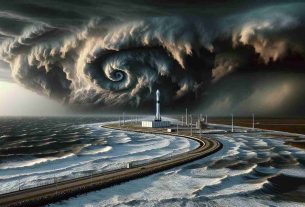 Generate a highly detailed, realistic photo capturing a tropical storm ominously advancing towards Cape Canaveral. The particular attention is on the dark, swirling storm clouds gathering in the sky, the winds picking up pace, and the sea churning into restless waves. The landscape features the identifiable unique structures of a spaceport in the distance, poised for an imminent SpaceX launch. The rocket stands tall and solitary, juxtaposed against the dynamic, turbulent backdrop of Nature's fury.