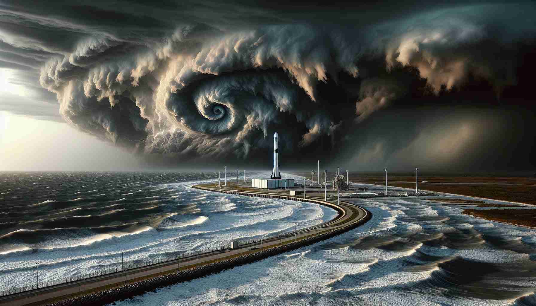 Generate a highly detailed, realistic photo capturing a tropical storm ominously advancing towards Cape Canaveral. The particular attention is on the dark, swirling storm clouds gathering in the sky, the winds picking up pace, and the sea churning into restless waves. The landscape features the identifiable unique structures of a spaceport in the distance, poised for an imminent SpaceX launch. The rocket stands tall and solitary, juxtaposed against the dynamic, turbulent backdrop of Nature's fury.