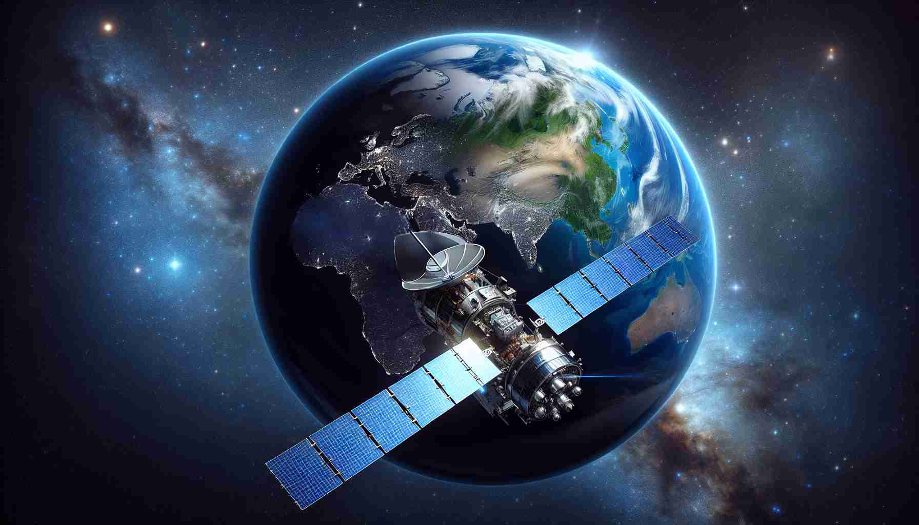 Create a high-definition, realistic depiction of a new era in satellite technology transforming earth observation. The image can show a groundbreaking satellite equipped with advanced sensors and instruments aiming at Earth from space. The Earth can appear as a blue sphere against a backdrop of the endless depth of the cosmos, studded with stars, nebulae and distant galaxies. The satellite may be slick, futuristic, and laden with antennae and reflective solar panels. Be sure to highlight the details of both, the satellite and the Earth for a more impactful visual.