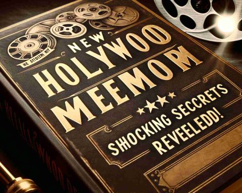 A detailed image of a newly released memoir from the golden era of Hollywood, suggesting shocking secrets unveiled. The book has an old-fashioned, sepia-toned cover, with the title 'New Hollywood Memoir', accompanied by the tagline 'Shocking Secrets Revealed!' The cover hints at the glamour and mystery of the film industry, featuring symbols like a vintage film reel, an antique camera, and a spotlight shining on a silhouette.