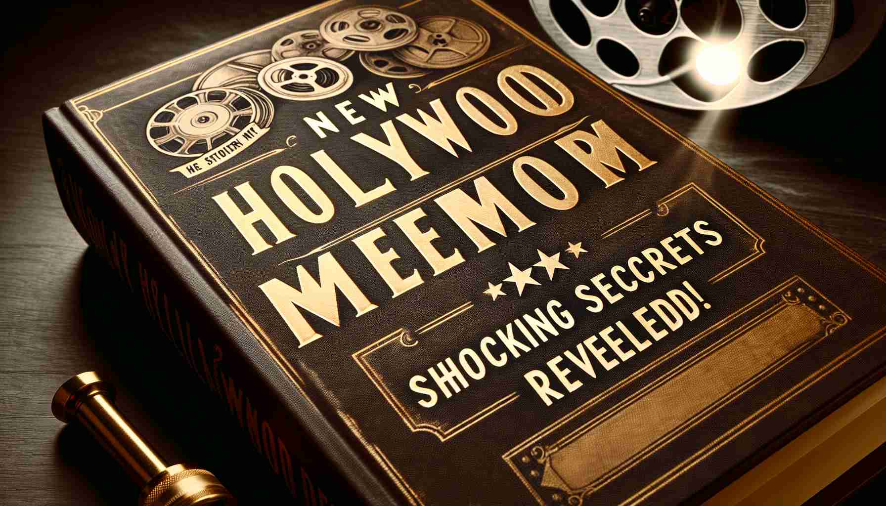 A detailed image of a newly released memoir from the golden era of Hollywood, suggesting shocking secrets unveiled. The book has an old-fashioned, sepia-toned cover, with the title 'New Hollywood Memoir', accompanied by the tagline 'Shocking Secrets Revealed!' The cover hints at the glamour and mystery of the film industry, featuring symbols like a vintage film reel, an antique camera, and a spotlight shining on a silhouette.