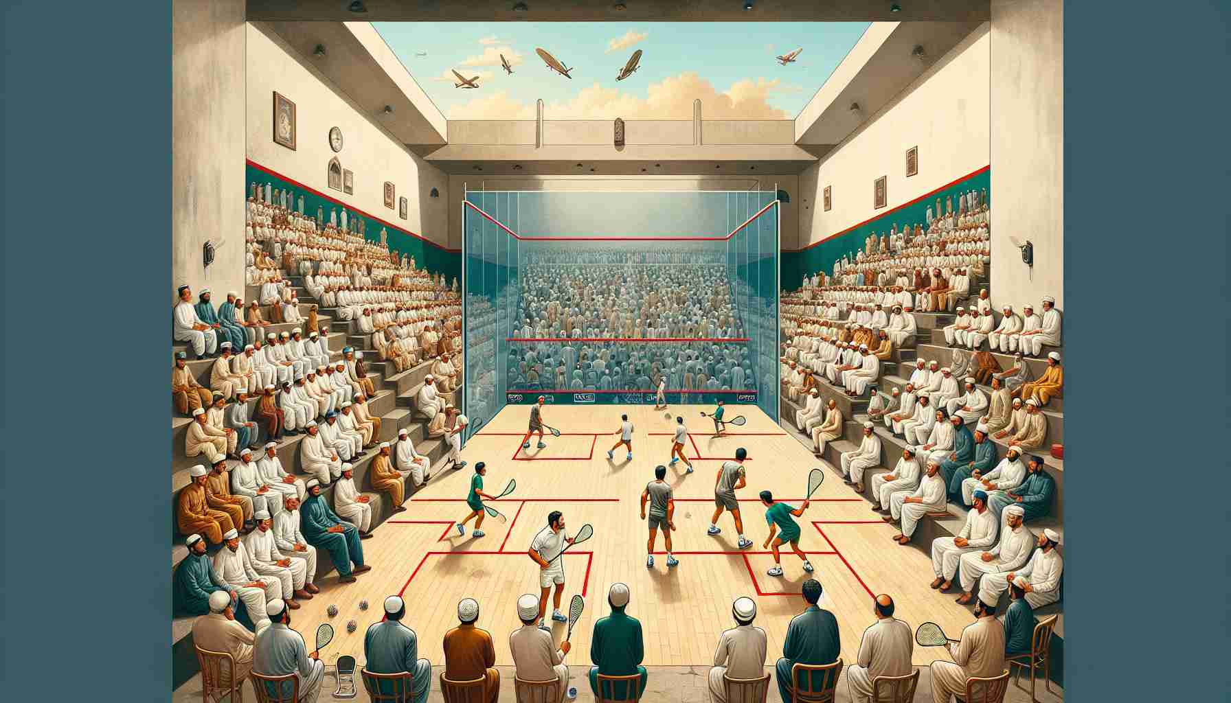 Generate a high-definition image showcasing the evolution of grassroots squash competitions in Pakistan. It should illustrate the progression from the early simple matches conducted in makeshift outdoor courts to the more professional competitions in indoor glass courts seen today. Be sure to include cultural cues, such as the traditional clothing of players, and the enthusiastic audience with both men and women of various descents like Caucasian, South Asian, and Middle-Eastern. Let the scene unfold with a dynamic timeline that travels from past to the present, capturing the growth and passion for squash in Pakistan.