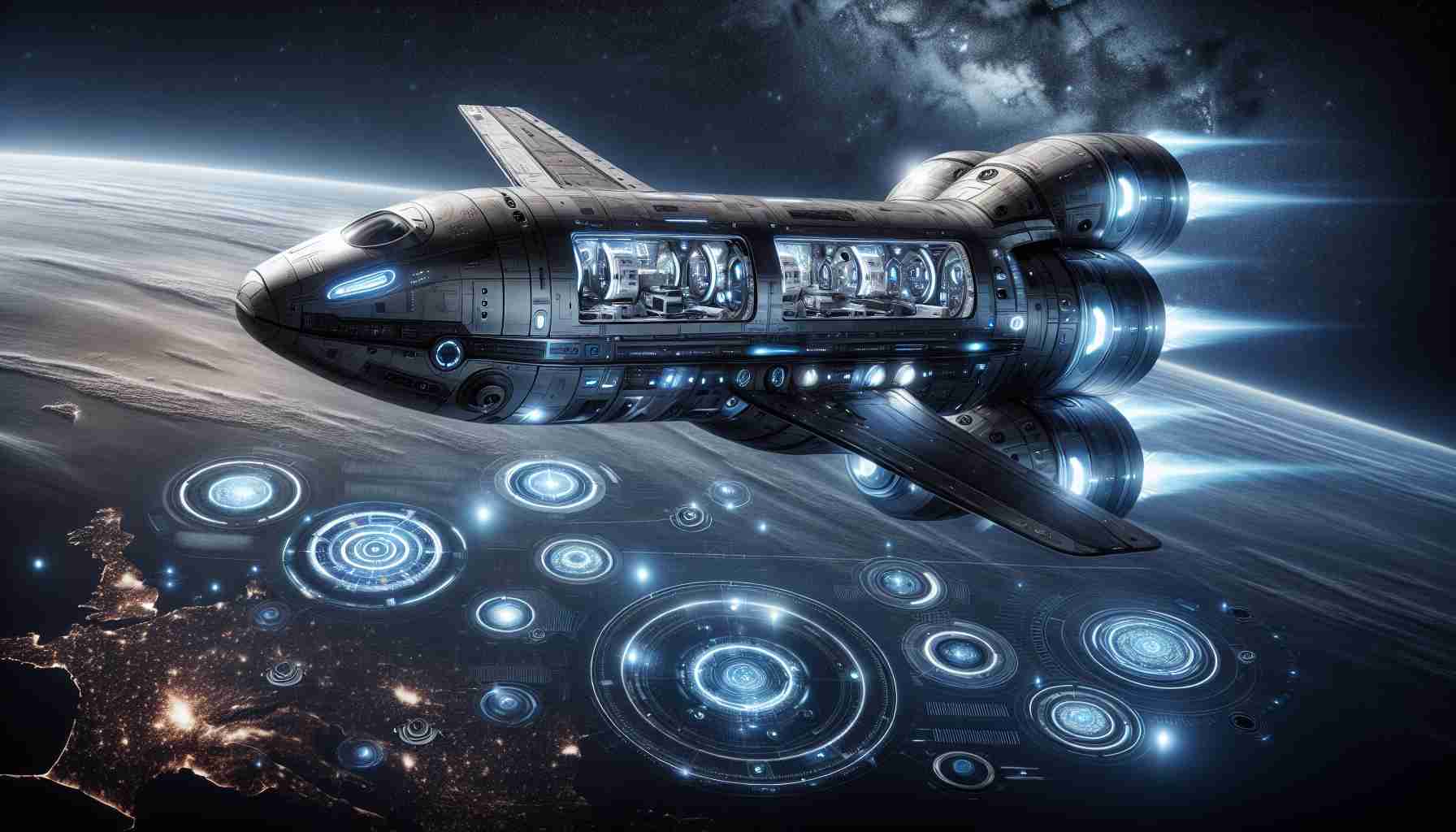 Create a realistic, high-definition image showcasing a revolutionary design for future space travel. The design should reflect forward-thinking concepts such as advanced propulsion systems, living quarters equipped with advanced life-support systems, and compact space-saving features. Imagine sleek lines and smooth surfaces, glowing lights indicating state-of-the-art technology, and an overall aerodynamic structure that promises efficiency and speed. The space vessel should exude an aura of scientific innovation and the potential to take humanity literally to new heights and expanses in the universe.