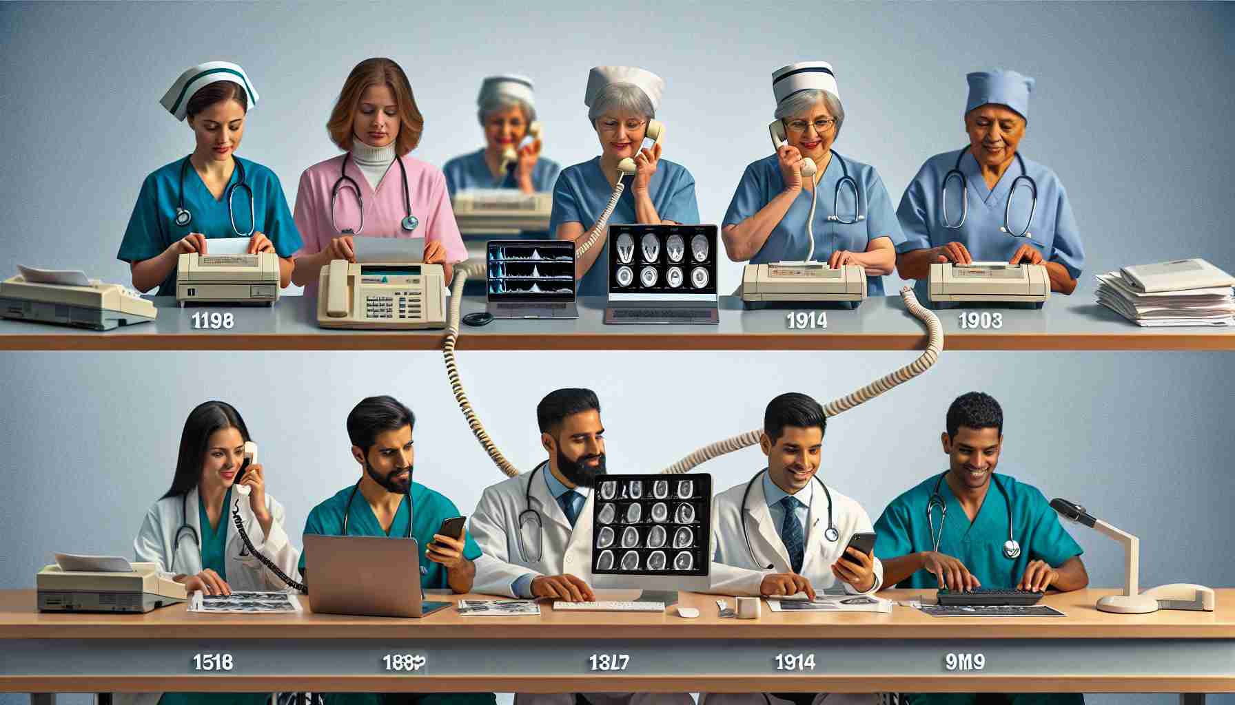 Generate a HD photo realistically illustrating the evolution of remote healthcare connectivity. Start with an image of a nurse using a landline telephone in a hospital, she is a Caucasian female. Transition to a diverse range of medical professionals, including a Hispanic male doctor using a fax machine and a Middle Eastern female radiologist reviewing scans on a computer. Finally, present a South Asian male healthcare worker using a modern smartphone to connect with a patient. Each step should display the progress in technology and connectivity in the healthcare industry.