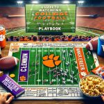 Realistic, high-definition image of a guide to watching college football. Show a drawn playbook with both Clemson and Wake Forest's important strategies and key players. Also include an excited crowd in team colors, a large TV screen displaying the match and various game snacks and drinks present. Incorporate elements that symbolize the essence of college football.