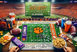 Realistic, high-definition image of a guide to watching college football. Show a drawn playbook with both Clemson and Wake Forest's important strategies and key players. Also include an excited crowd in team colors, a large TV screen displaying the match and various game snacks and drinks present. Incorporate elements that symbolize the essence of college football.