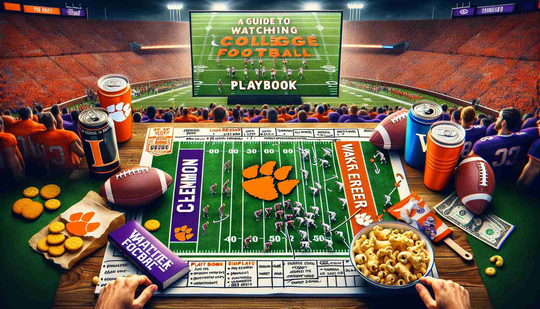 Realistic, high-definition image of a guide to watching college football. Show a drawn playbook with both Clemson and Wake Forest's important strategies and key players. Also include an excited crowd in team colors, a large TV screen displaying the match and various game snacks and drinks present. Incorporate elements that symbolize the essence of college football.