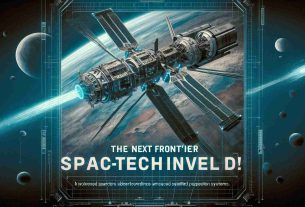 Generate a high-definition, realistic image that represents a revolutionary breakthrough in space technology. The image should feature a futuristic spacecraft, possibly new satellite designs or advanced propulsion systems, in a poster-like setting with the heading text 'The Next Frontier in Space-Tech Unveiled!'