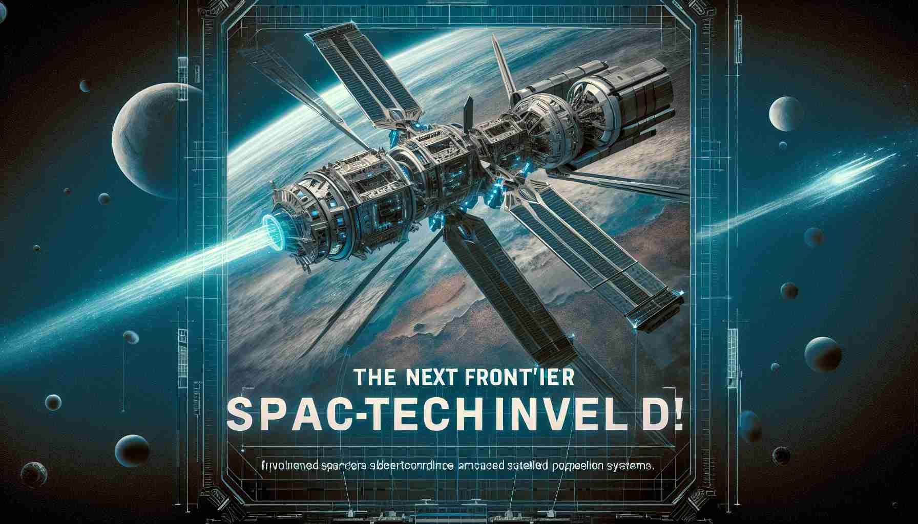 Generate a high-definition, realistic image that represents a revolutionary breakthrough in space technology. The image should feature a futuristic spacecraft, possibly new satellite designs or advanced propulsion systems, in a poster-like setting with the heading text 'The Next Frontier in Space-Tech Unveiled!'