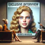 A high-definition realistic image depicting an exclusive interview setting. An energetic young female actress with golden hair and striking blue eyes, known for her unique acting style, sits on a plush chair. A nondescript journalist sits across from her. The words 'Exclusive Interview: Secrets Revealed' are included in bold, eye-catching text at the bottom. Please note that none of the people shown in the image are modeled after real individuals.