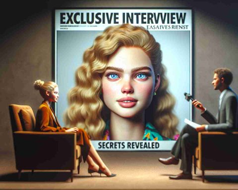 A high-definition realistic image depicting an exclusive interview setting. An energetic young female actress with golden hair and striking blue eyes, known for her unique acting style, sits on a plush chair. A nondescript journalist sits across from her. The words 'Exclusive Interview: Secrets Revealed' are included in bold, eye-catching text at the bottom. Please note that none of the people shown in the image are modeled after real individuals.