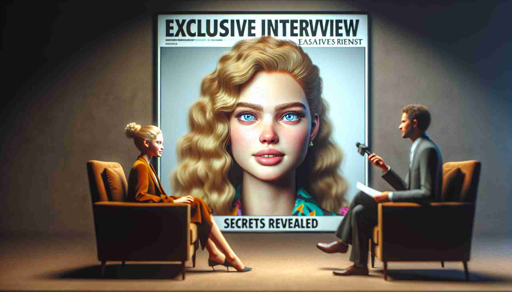 A high-definition realistic image depicting an exclusive interview setting. An energetic young female actress with golden hair and striking blue eyes, known for her unique acting style, sits on a plush chair. A nondescript journalist sits across from her. The words 'Exclusive Interview: Secrets Revealed' are included in bold, eye-catching text at the bottom. Please note that none of the people shown in the image are modeled after real individuals.