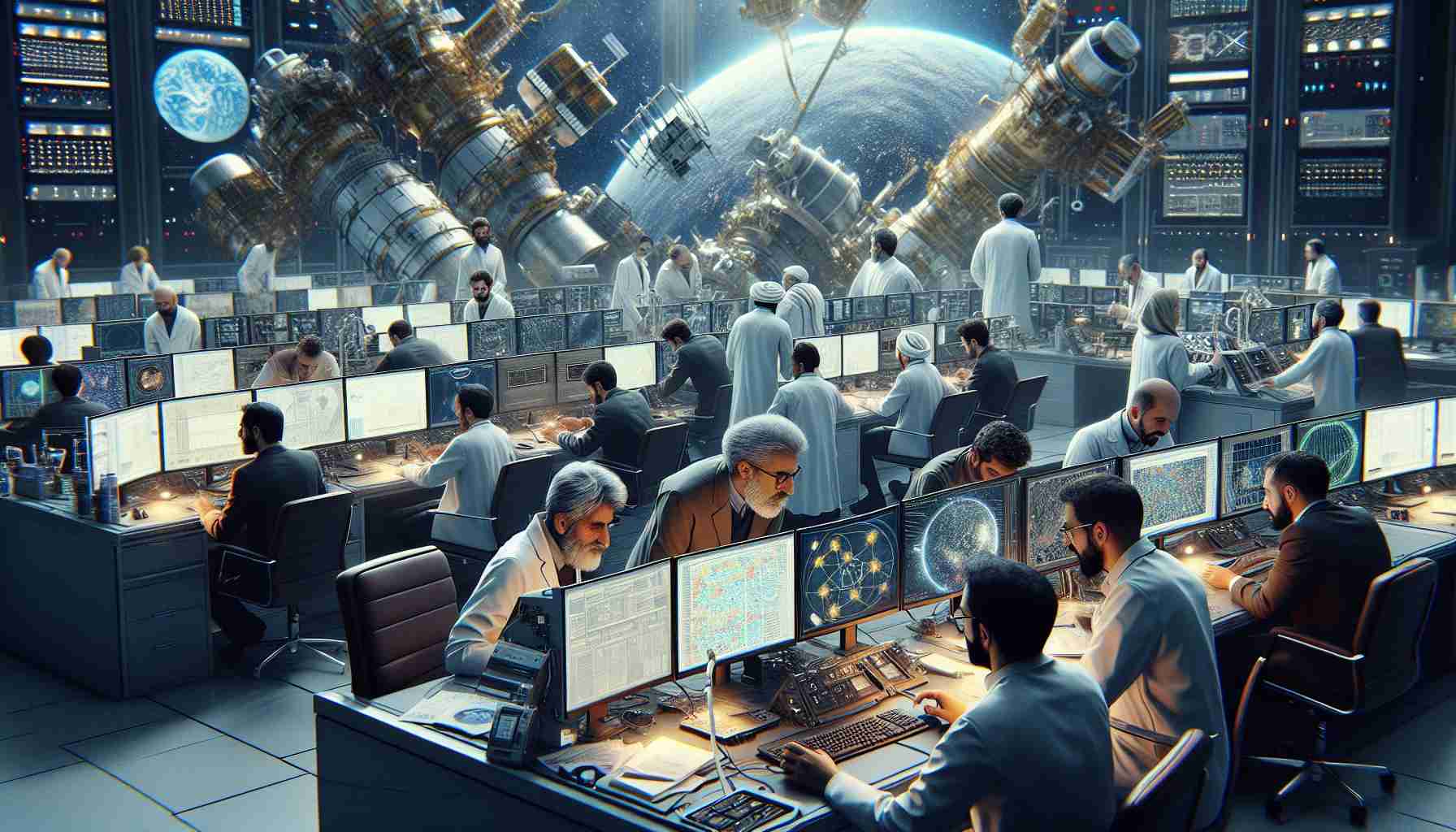 Realistically detailed high-definition image depicting a collaborative space exploration endeavor between Iranian scientists and their international partners. The scene exhibits a group of multiple descent, including Iranian, Caucasian, and Asian, both men and women actively working together, analyzing sophisticated equipment, reading intricate data on computer screens, and studying celestial maps. The atmosphere of cooperation and scientific advancement is palpable.