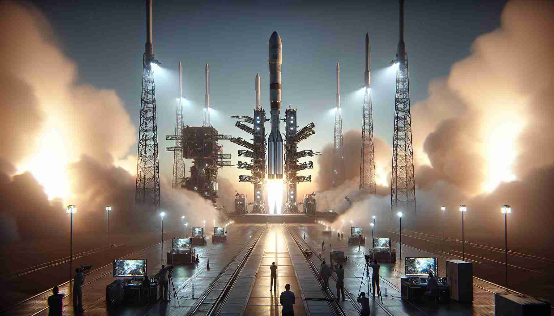 A realistic, high-definition photograph of a satellite fleet's launching moment. The design of the spacecraft is revolutionary, featuring cutting-edge technology and visually impressive aesthetics. This impressive event takes place in the early morning, with the dawn sky illuminating the background. You can see the flame of the rockets as they lift off the ground, piercing through the thin layer of fog above the launchpad. Mission control personnel and media representatives can be seen in the foreground, capturing this historic moment. Please exclude any particular company logos or specific details that may refer to real organizations.