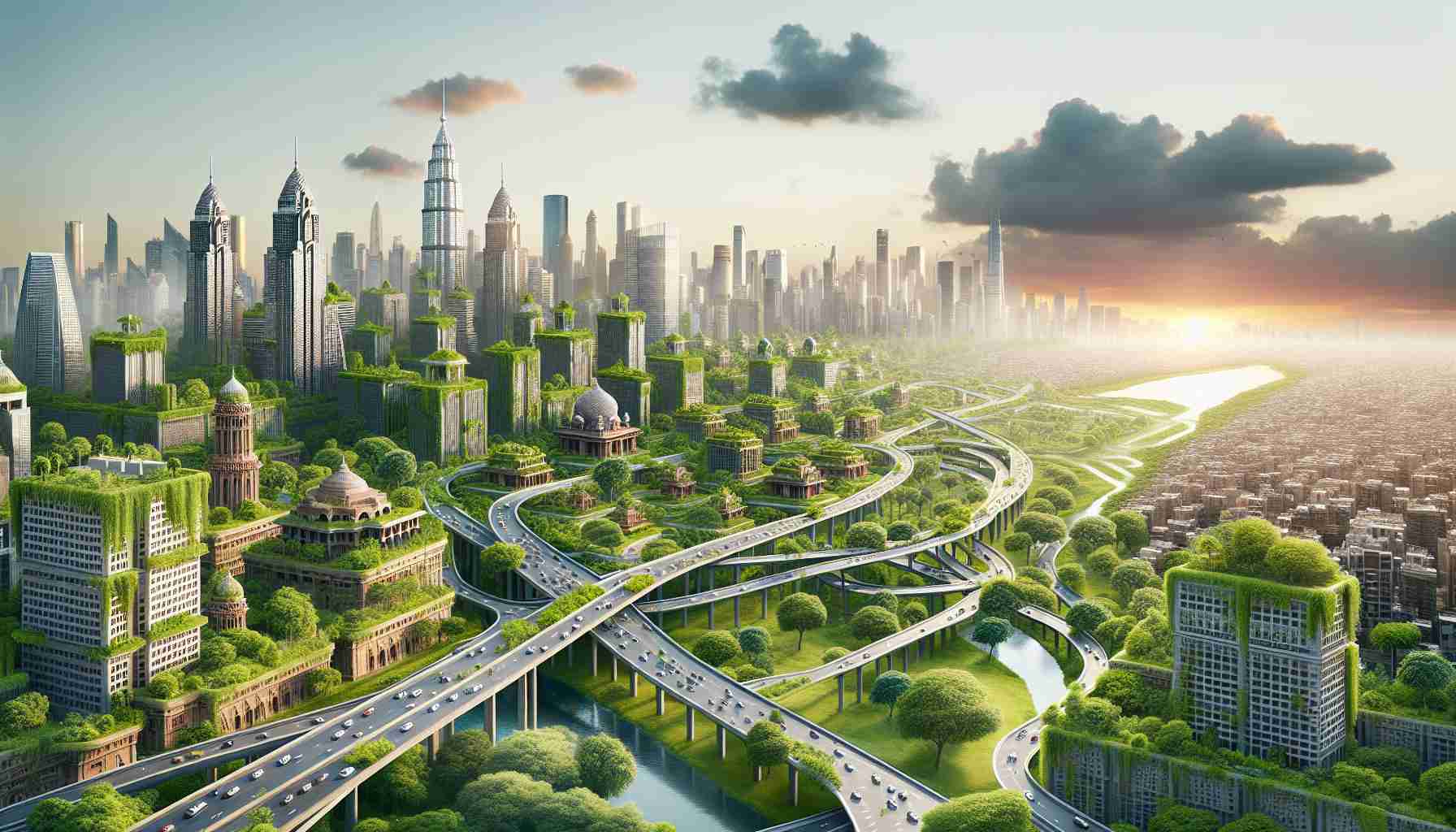 High-definition image representing the concept of unconventional urban planning causing a major transformation in India's landscapes. The image should realistically depict modernized infrastructures blending with traditional architecture and abundant green spaces, resulting in a unique and progressive urban environment.