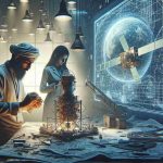 Create a hyper-realistic HD illustration that showcases the new era in satellite internet technology. Imagine a scene where we see a technician of Middle-Eastern descent, delicately assembling the intricate parts of an advanced communication satellite. A room lit by soft white light, enveloped by technical drawings and prototypes. Beside him, a South Asian woman, an engineer, is looking at a holographic display demonstrating the satellite's orbit path and its vast network. Both are deeply engrossed in their work.  This image should capture the essence of revolution in telecommunication, displaying the wonder of modern technology unfolding.