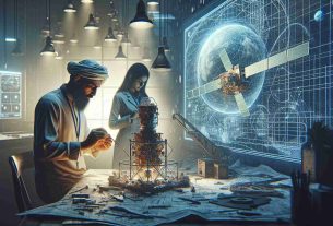 Create a hyper-realistic HD illustration that showcases the new era in satellite internet technology. Imagine a scene where we see a technician of Middle-Eastern descent, delicately assembling the intricate parts of an advanced communication satellite. A room lit by soft white light, enveloped by technical drawings and prototypes. Beside him, a South Asian woman, an engineer, is looking at a holographic display demonstrating the satellite's orbit path and its vast network. Both are deeply engrossed in their work.  This image should capture the essence of revolution in telecommunication, displaying the wonder of modern technology unfolding.