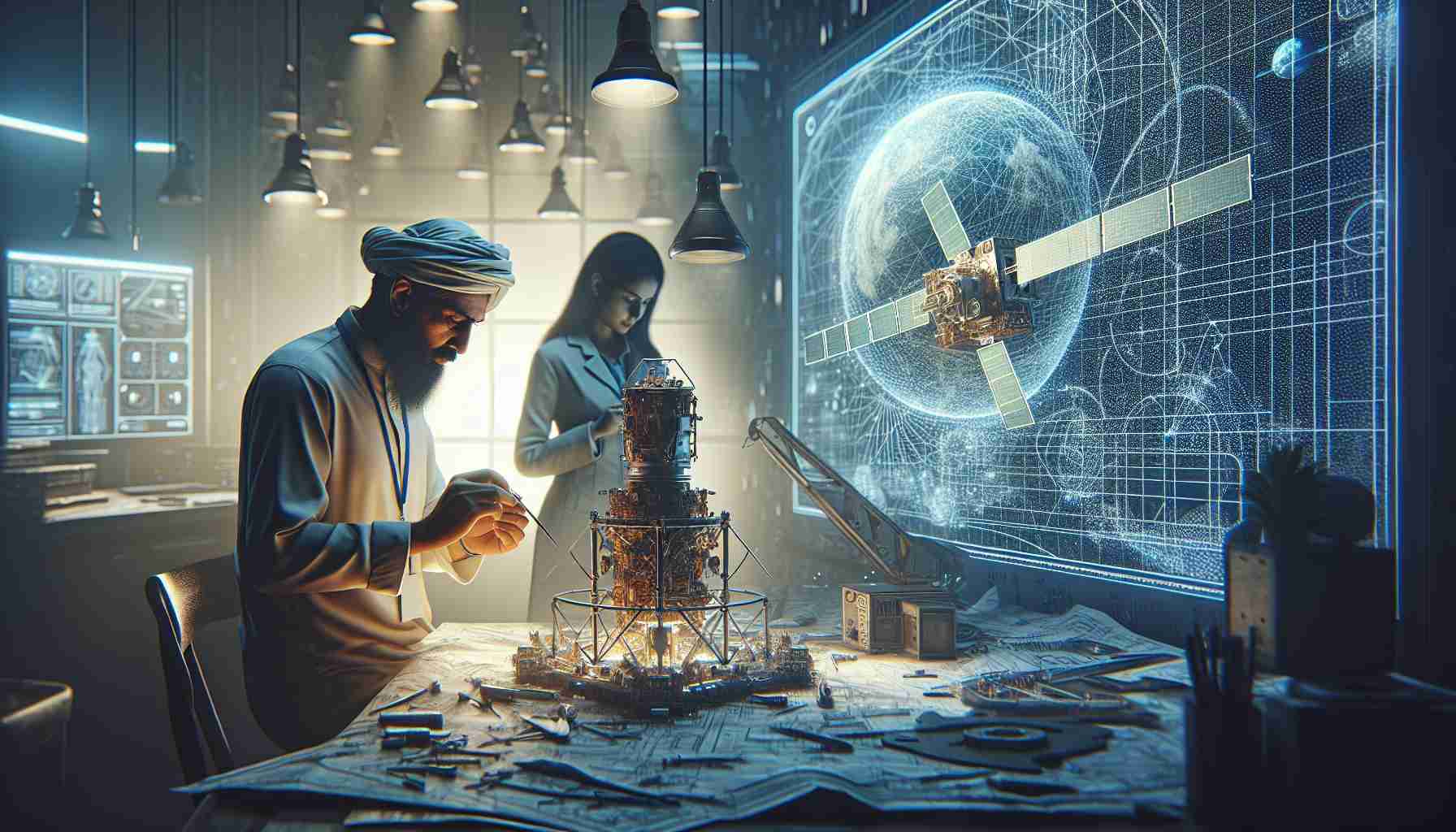 Create a hyper-realistic HD illustration that showcases the new era in satellite internet technology. Imagine a scene where we see a technician of Middle-Eastern descent, delicately assembling the intricate parts of an advanced communication satellite. A room lit by soft white light, enveloped by technical drawings and prototypes. Beside him, a South Asian woman, an engineer, is looking at a holographic display demonstrating the satellite's orbit path and its vast network. Both are deeply engrossed in their work.  This image should capture the essence of revolution in telecommunication, displaying the wonder of modern technology unfolding.