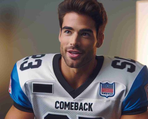 A high definition representation of a male professional football player, of Hispanic descent with athletic build, making a surprising statement about his comeback. The player is in an interview setting, wearing his football jersey, with a look of determination and excitement on his face. The team logo is visible but does not mention any real football team specifically.