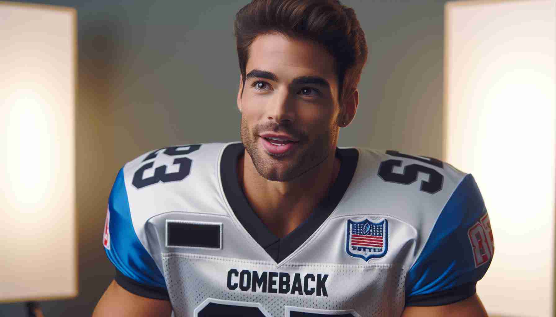 A high definition representation of a male professional football player, of Hispanic descent with athletic build, making a surprising statement about his comeback. The player is in an interview setting, wearing his football jersey, with a look of determination and excitement on his face. The team logo is visible but does not mention any real football team specifically.