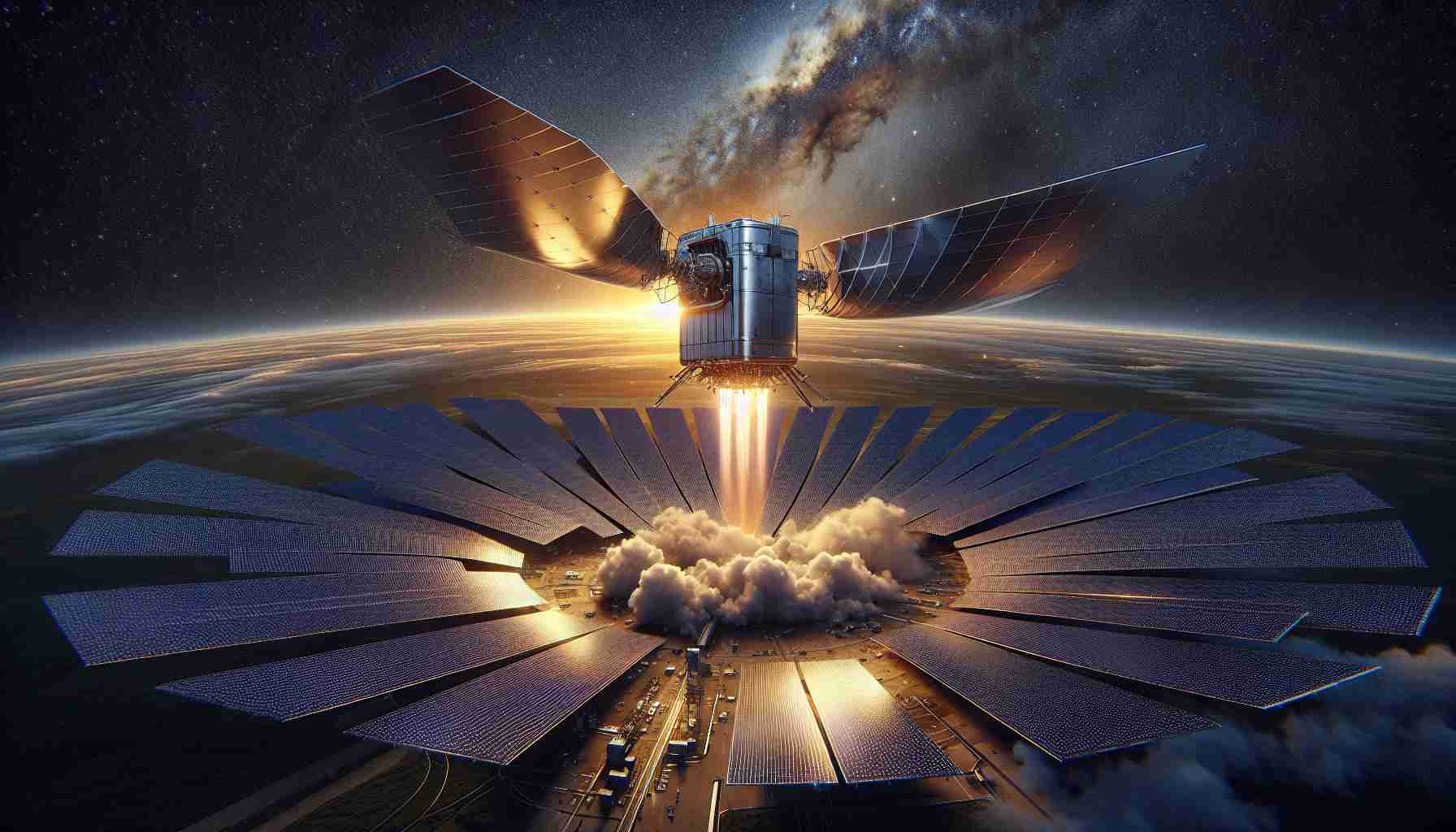 Render a hyper-realistic high definition image of a visionary, solar-powered satellite network being launched into space. Detail the sleek, metallic spacecraft, lifting from its launch pad, surrounded by a majestic plume of smoke. Include the mesmerizing view of expanding fields of solar panels unfolding like petals to harness the sun's energy. The sky should shift in hues, ranging from the fiery oranges and reds of the setting sun at the horizon, transcending into the deep indigo of space studded with stars. This is not a specific company's project, but a general depiction of advanced space technology.