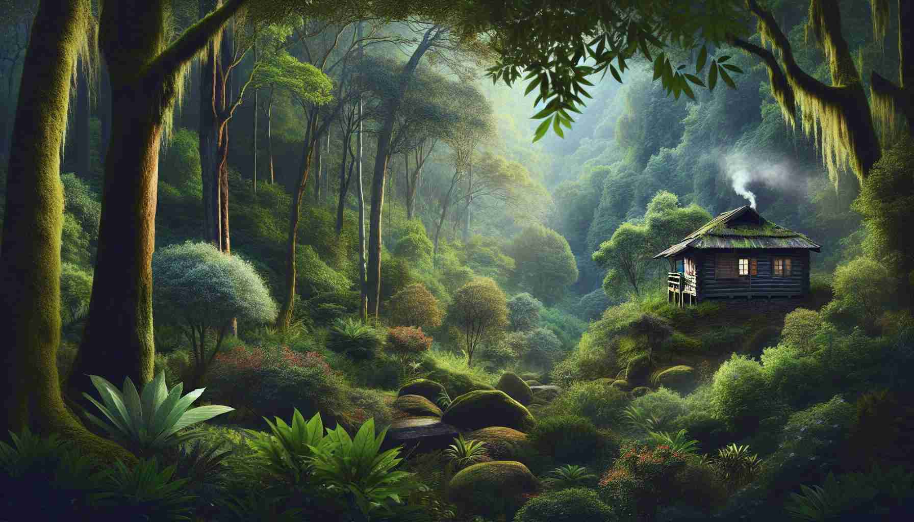 Generate a highly-detailed, realistic image showcasing a tranquil retreat nestled in the gentle embrace of a lush forest. The retreat should appear as an intimate sanctuary blended seamlessly with the natural landscape. It might be a small log cabin with smoke wafting from a chimneystack; perhaps a diminutive cobblestone house with moss-draped rooftops. Around it, thick and verdant foliage of a variety of trees that paint an image of solitude and tranquillity. The forest floor should be dusted with a sprinkling of autumn leaves and dappled with sunlight filtering through the tree tops.