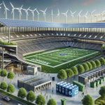 High-definition, realistic picture showcasing a major American football stadium, renowned for its cutting-edge climate change initiatives. Imagine solar panels lining the roof of the stadium harnessing sustainable energy, wind turbines strategically placed near the parking areas, and recycling bins scattered all over the stadium encouraging waste segregation. The lush green football field is well maintained and eco-friendly, utilizing a state-of-the-art watering system that minimizes water waste. Water fountains are strategically placed, encouraging visitors to reduce plastic use. A robust tree landscaping can be seen around the stadium showcasing the value of nature.