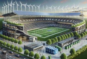 High-definition, realistic picture showcasing a major American football stadium, renowned for its cutting-edge climate change initiatives. Imagine solar panels lining the roof of the stadium harnessing sustainable energy, wind turbines strategically placed near the parking areas, and recycling bins scattered all over the stadium encouraging waste segregation. The lush green football field is well maintained and eco-friendly, utilizing a state-of-the-art watering system that minimizes water waste. Water fountains are strategically placed, encouraging visitors to reduce plastic use. A robust tree landscaping can be seen around the stadium showcasing the value of nature.