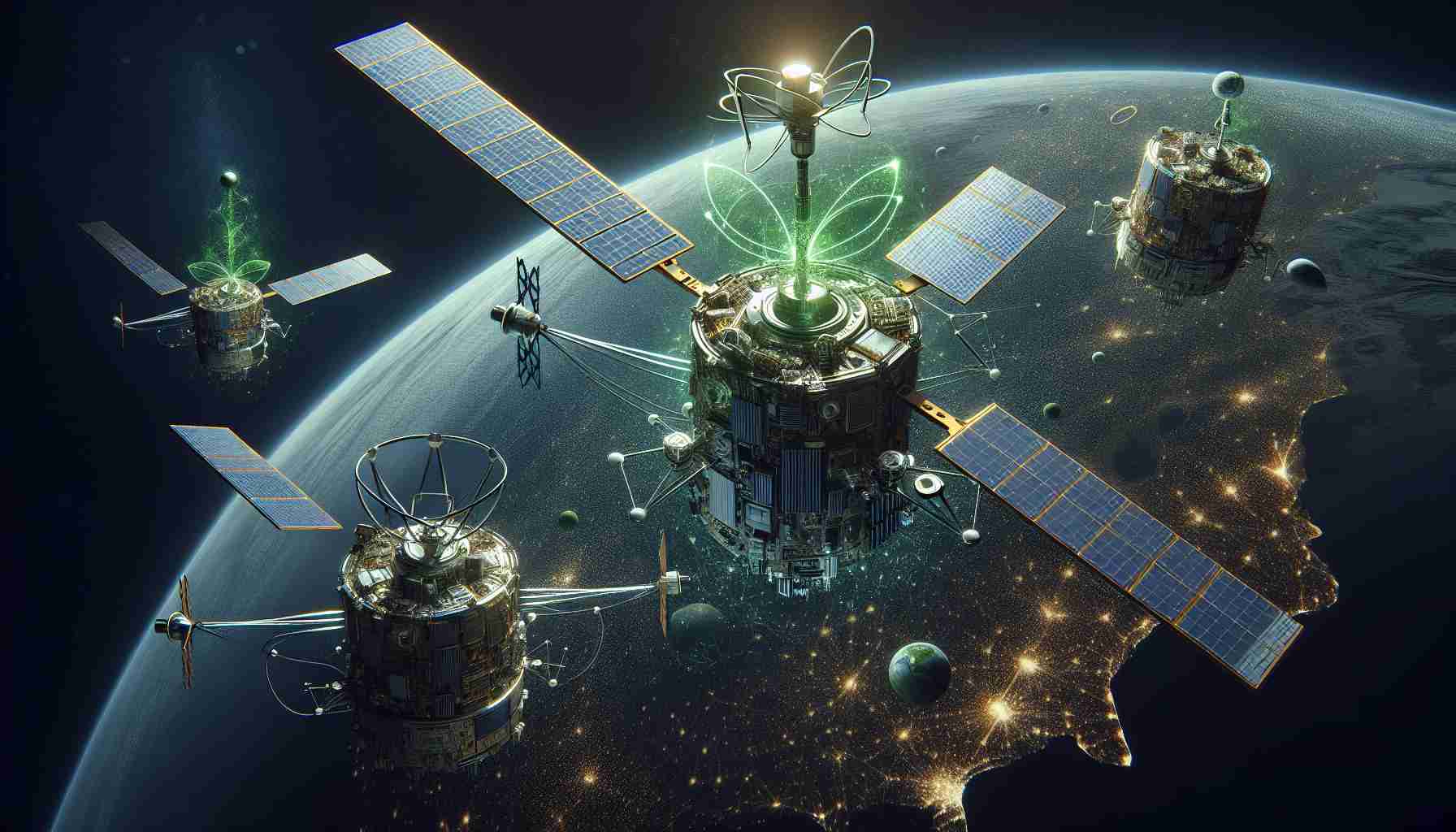 Generate a high-definition, realistic image depicting the evolution of satellite technology, specifically focusing on sustainable refuelling solutions. The scene should include an array of advanced satellites in outer space with intricate details showcasing revolutionary features. Integrate elements that represent sustainability, such as a green energy symbol or a renewable energy source refuelling the satellites. The color scheme should evoke a sense of technological progress and environmental sustainability, blending hues of metallic tones with green accents.