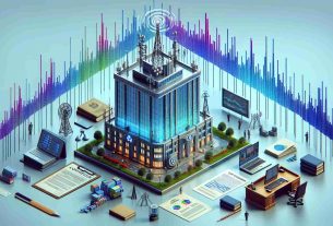 High-definition, realistic depiction of a symbolic scene representing the concept of a telecommunications company, of Indian origin, contesting spectrum allocation. Please illustrate this via imagery such as an emblematic company building, legal documentation, and spectrum frequency graphics.