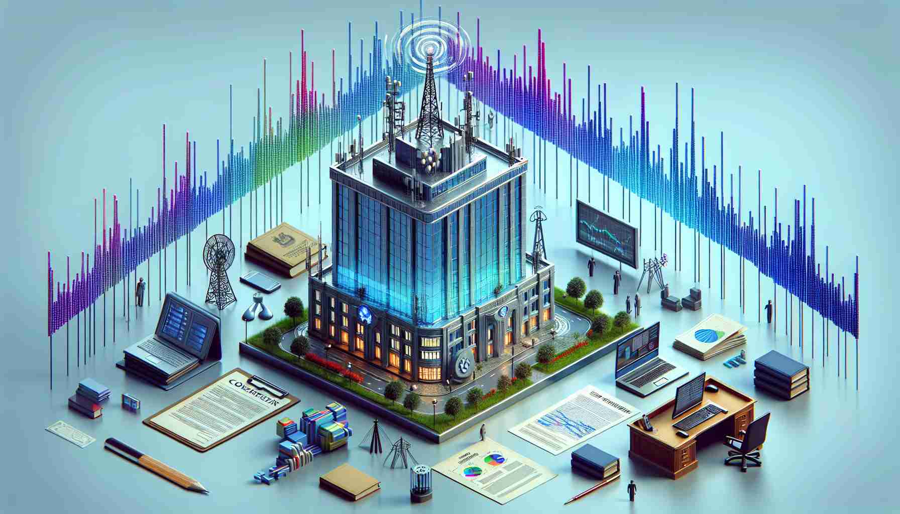 High-definition, realistic depiction of a symbolic scene representing the concept of a telecommunications company, of Indian origin, contesting spectrum allocation. Please illustrate this via imagery such as an emblematic company building, legal documentation, and spectrum frequency graphics.