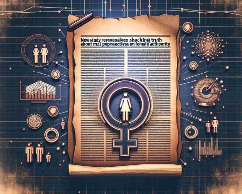 Depict a symbolic representation of a scholarly article with the headline 'New Study Reveals Shocking Truth About Male Perspectives on Female Authority'. The image could include a realistic, high-definition image of a parchment paper with the headline written in an authoritative font. Surrounding the headline, suggest visual elements like statistical charts, graphs, or academic symbols denoting an analysis of gender dynamics. Make sure to maintain a realistic and sophisticated tone in the entire depiction.