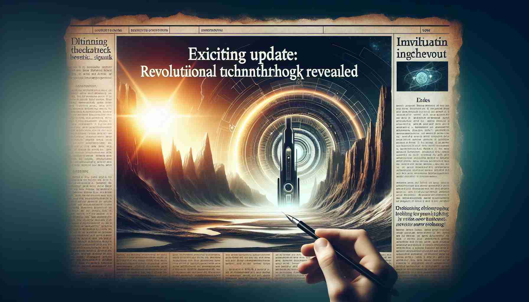 Create an image that serves as a metaphor for a revolutionary technological breakthrough. Perhaps the composition could feature a stark, impressively detailed landscape illuminated by the glow of a sunrise, signifying the dawning of a new era. Also, include a boldly designed, futuristic device in the center of the frame, symbolizing this new technology. The layout could also incorporate some elements of a newspaper headline or computer screen indicating 'Exciting Update: Revolutionary Technology Breakthrough Revealed!' in large, eye-catching typography.