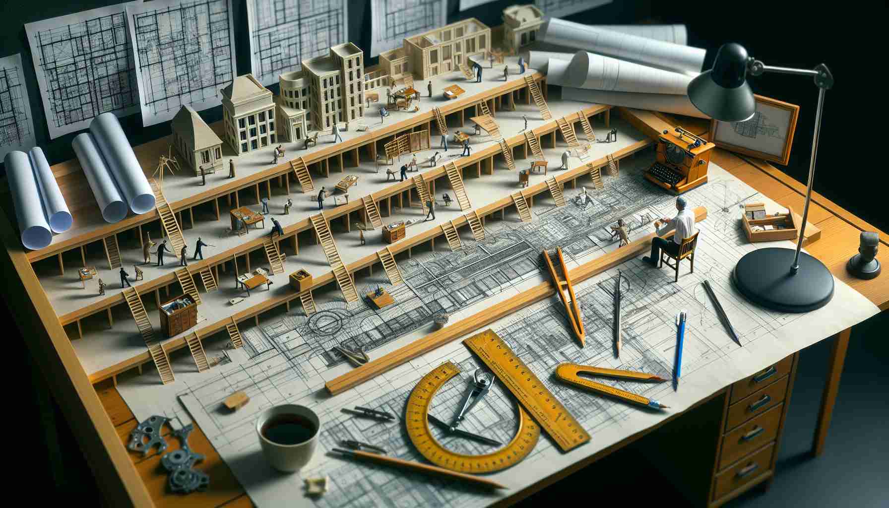 A high-definition, photographic depiction of an architect's creative evolution, reminiscent of Paul Rudolph's work. The image should contain a timeline filled with miniature sketches and finished drawings, each representing a different stage of the architect's career. There should also be drafting tools such as rulers, compasses and pencils used for creating architectural drawings. The background might be the architect's drafting desk, filled with blueprints and architectural models.