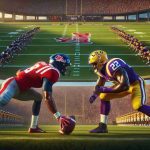 High definition, realistic image of a heated football game between two collegiate teams: one adorned in navy blue and red uniforms (akin to Ole Miss' colors), and the other in purple and gold (reminiscent of LSU's colors). The tension in the air is palpable as both teams face off in a clash of titans, showcasing their athleticism and determination on a well-maintained green football field under a clear, blue sky. Spectators in the stands, a mix of men, women, and children of various descents, are seen cheering enthusiastically for their respective teams.