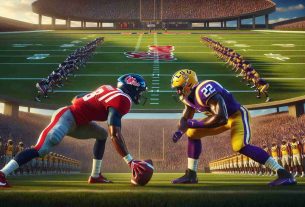 High definition, realistic image of a heated football game between two collegiate teams: one adorned in navy blue and red uniforms (akin to Ole Miss' colors), and the other in purple and gold (reminiscent of LSU's colors). The tension in the air is palpable as both teams face off in a clash of titans, showcasing their athleticism and determination on a well-maintained green football field under a clear, blue sky. Spectators in the stands, a mix of men, women, and children of various descents, are seen cheering enthusiastically for their respective teams.