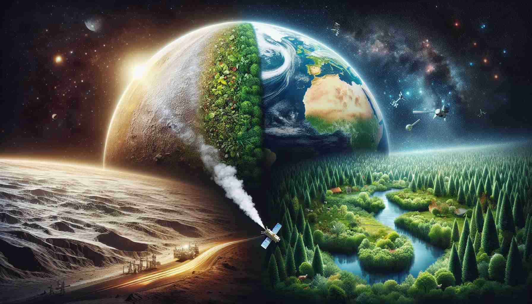 An intricate, high-definition image showcasing the impact of space exploration on our environment. The scene should focus on a half-explored planet on one side, with a spacecraft leaving a trail of emission subtly indicating environmental disruption. On the other side, indicate a healthy environment with vibrant, untouched nature: trees, rivers, wildlife, to signify a flourishing ecosystem. The contrast should express the difference between untouched nature and space traveled areas.