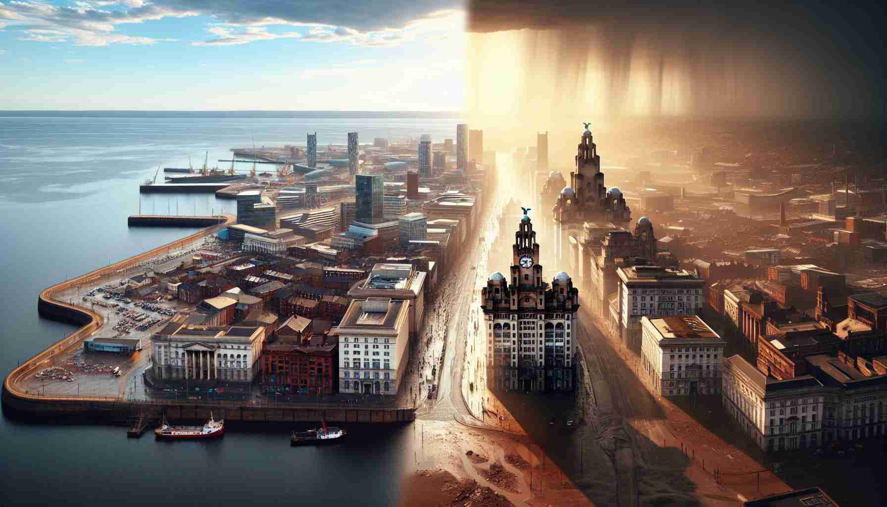 A high-definition, realistic image of the dramatic transformation of Liverpool's landscape, which has caused a split in opinions among the city's residents.