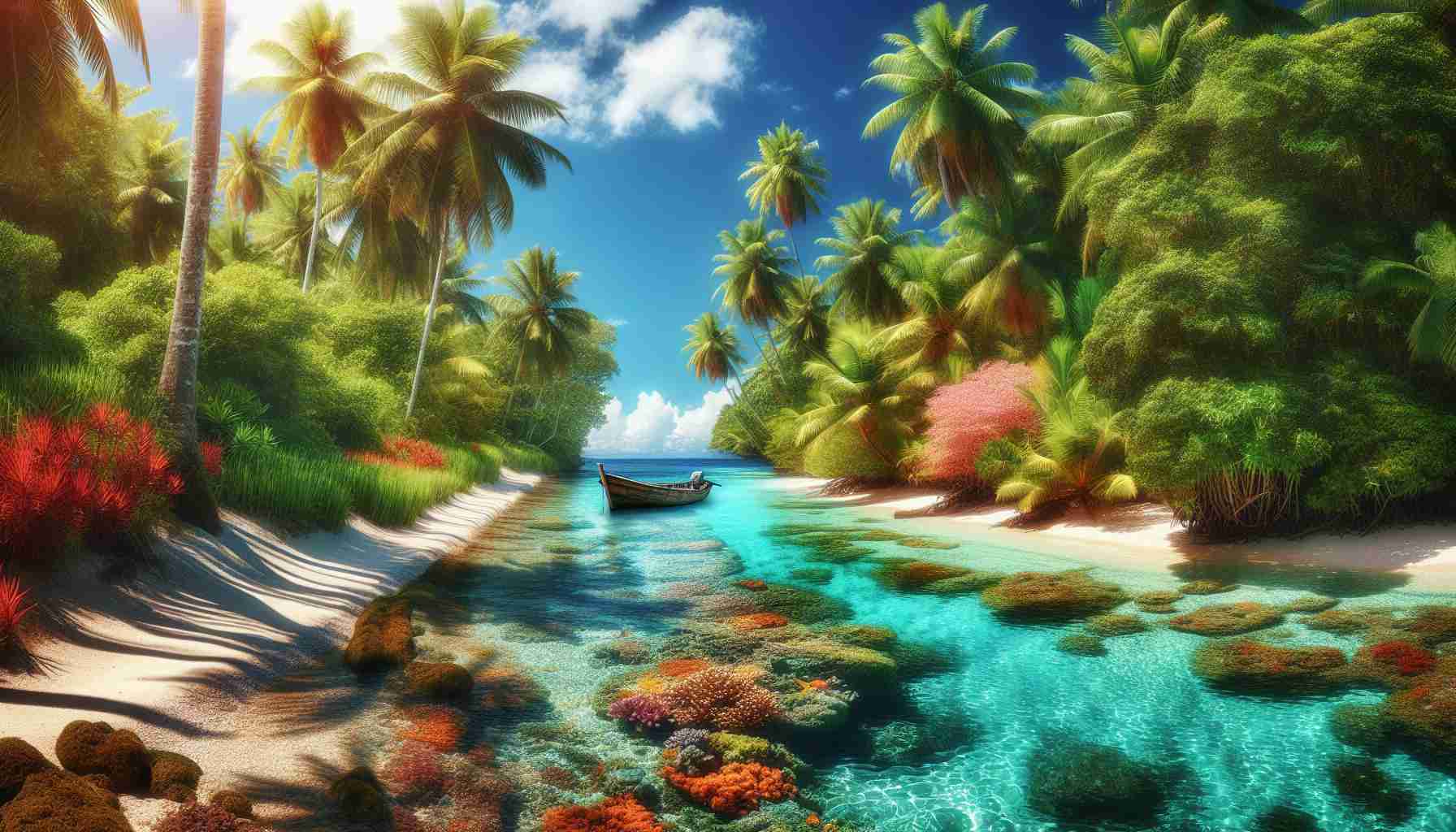 High definition, realistic image capturing the untouched beauty of the Caribbean. The picture showcases an offbeat path, immersed in lush greenery and tropical wildlife, leading to hidden gem locales spared from usual tourist traffic. Crystal clear turquoise waters and beautiful sandy beaches are in view, with the vibrant colors of the coral reefs beneath the surface of the sea evident. Tall, verdant palm trees provide refreshing shade under the bright Caribbean sunshine. A traditional wooden boat bobbing peacefully in the water presents a scenic semblance of the local lifestyle.