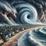 An ultra high-definition, realistic image of a massive cyclone, swirling with wind and rain, slowly advancing towards quaint coastal towns. Waves crash on the shoreline, foaming and receding, echoing the turmoil in the skies. Dark, ominous clouds gather overhead, casting a grim shadow over the pastel-hued houses lining the beach. Palm trees sway violently in the gusty winds, their fronds whipping wildly in the tempest. The townsfolk, a diverse populace with varied descents and genders, scramble to secure their homes, their faces mirroring the foreboding and tension mounting with every passing minute.