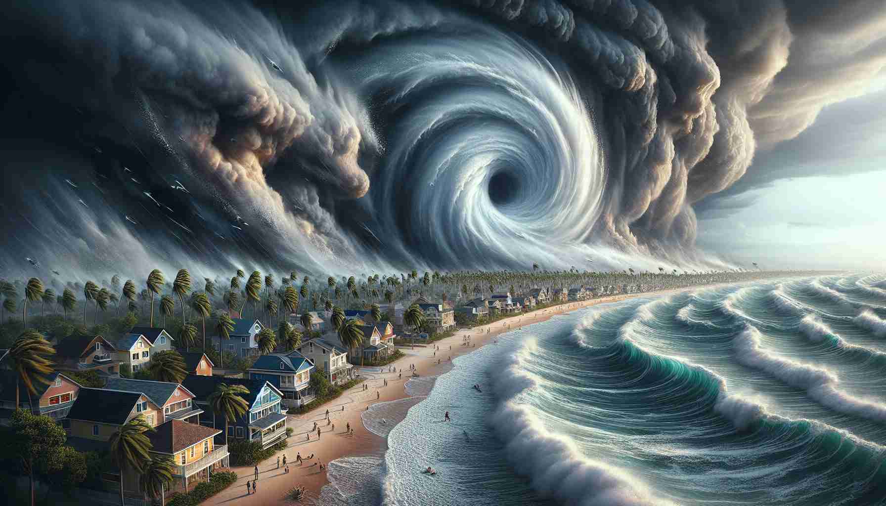 An ultra high-definition, realistic image of a massive cyclone, swirling with wind and rain, slowly advancing towards quaint coastal towns. Waves crash on the shoreline, foaming and receding, echoing the turmoil in the skies. Dark, ominous clouds gather overhead, casting a grim shadow over the pastel-hued houses lining the beach. Palm trees sway violently in the gusty winds, their fronds whipping wildly in the tempest. The townsfolk, a diverse populace with varied descents and genders, scramble to secure their homes, their faces mirroring the foreboding and tension mounting with every passing minute.